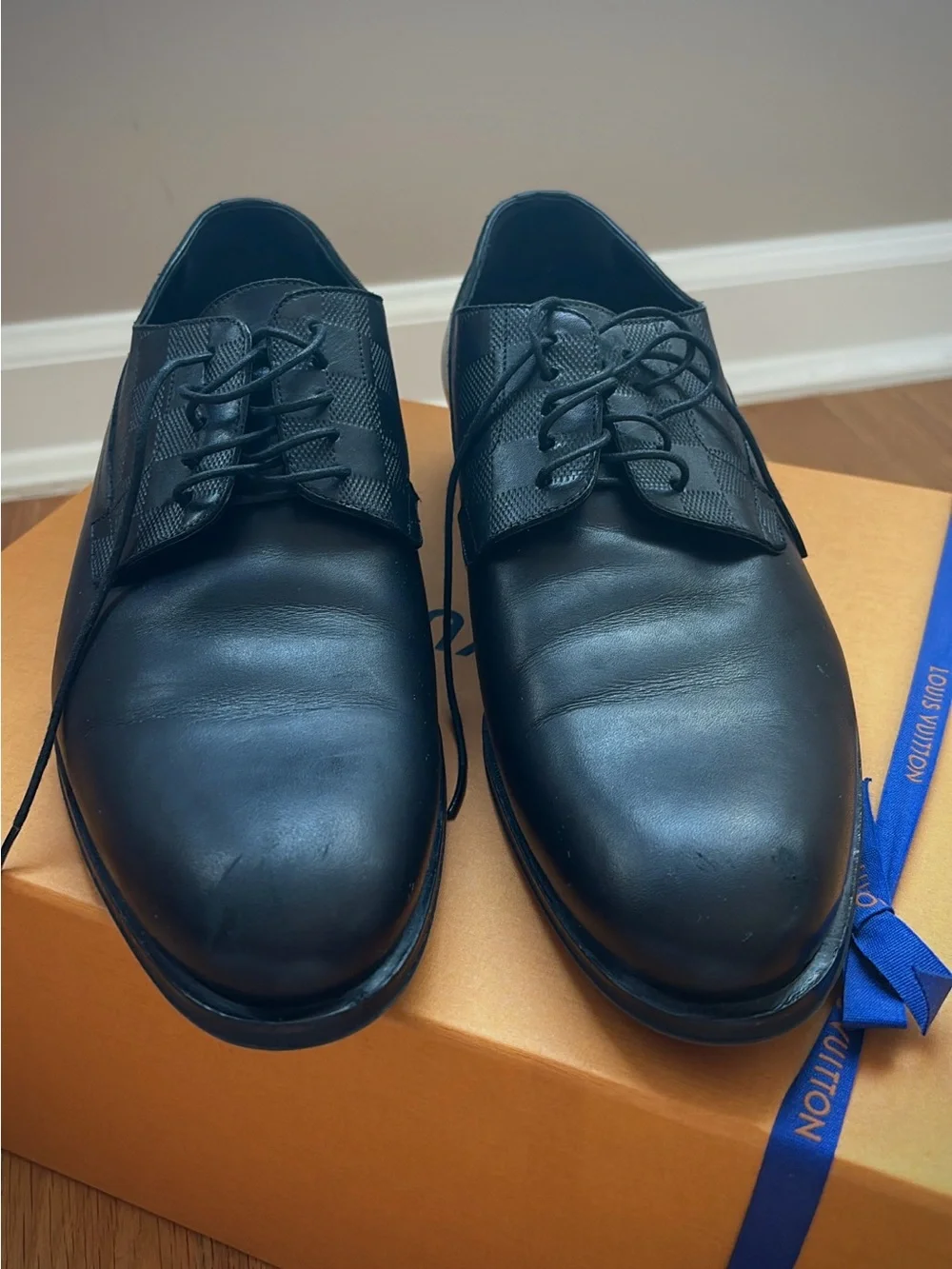 Louis Vuitton Black Derby Dress Shoes with Monogram Check Panels